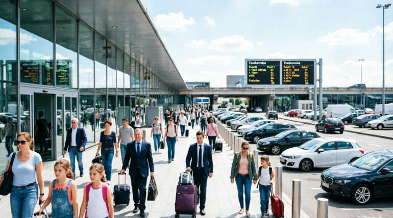 Vue du terminal de l'aéroport Charles de Gaulle avec des voyageurs se rendant à leurs vols et des voitures stationnées.