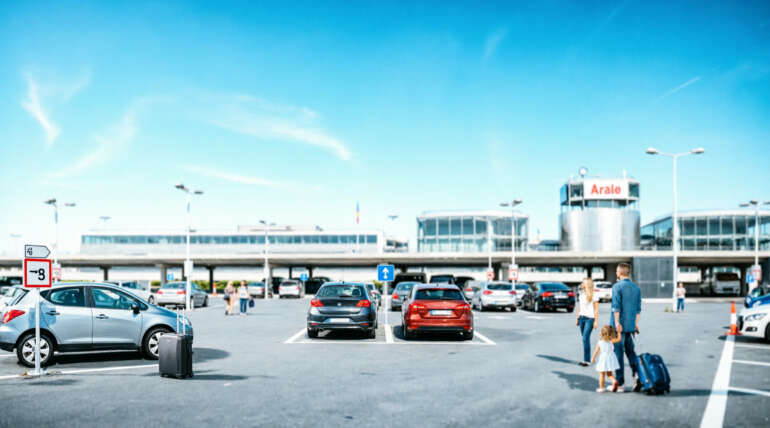 Vue du parking de l'aéroport d'Orly, avec des voitures et des voyageurs se dirigeant vers le terminal.