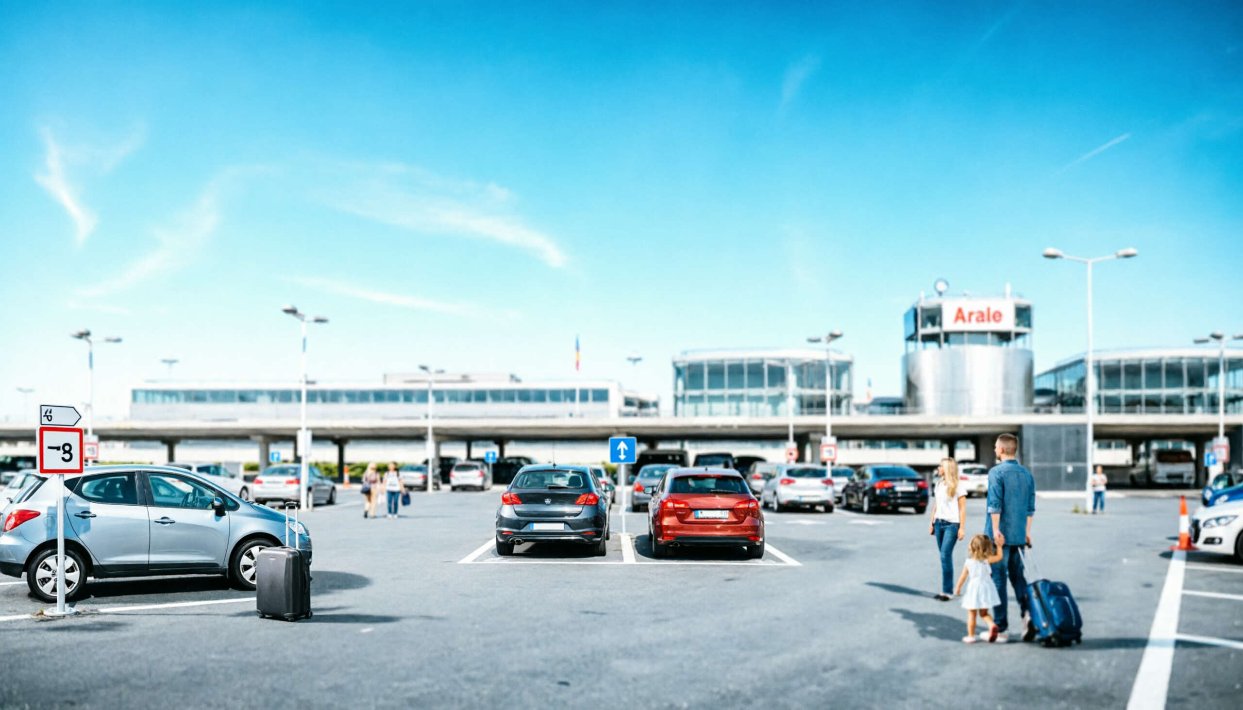 Vue du parking de l'aéroport d'Orly, avec des voitures et des voyageurs se dirigeant vers le terminal.